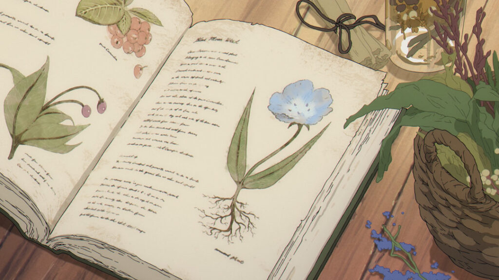 A page of a book shows a blue flower the "Blue Moon Weed"