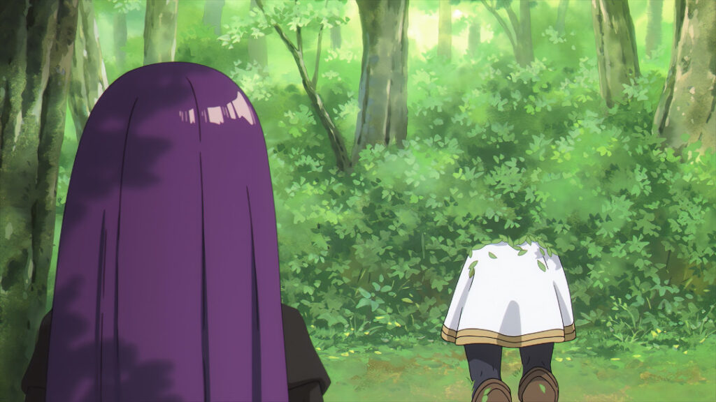 Frieren looking curiously into some bushes, half of his body engulfed by the vegetation.