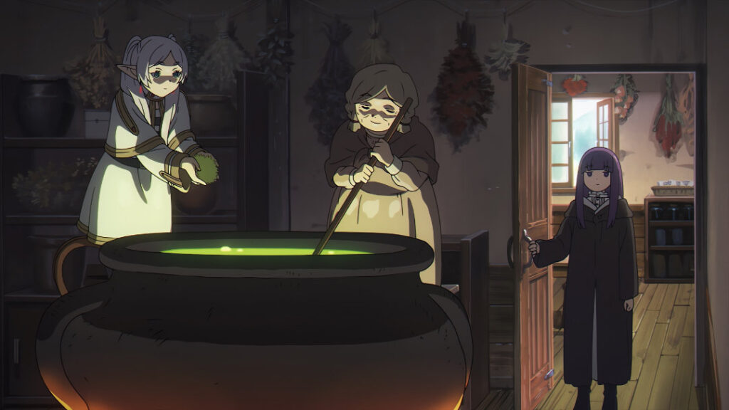 Frieren and the herbalist act like witches pouring something into a big Cauldron, while Fern watches them from the door stupefied.
