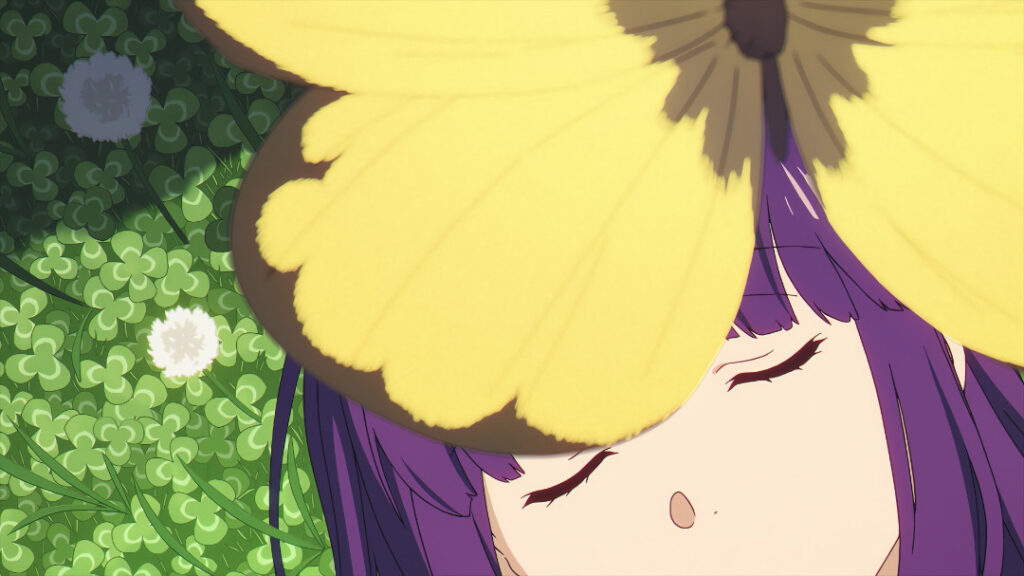 We spot a four-leaf clover in the field of clovers where Fern is laying down, surrounded by dandelions and butterflies.