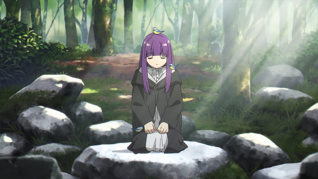 Fern meditating on a rock while blue jays land on her shoulder and lap.