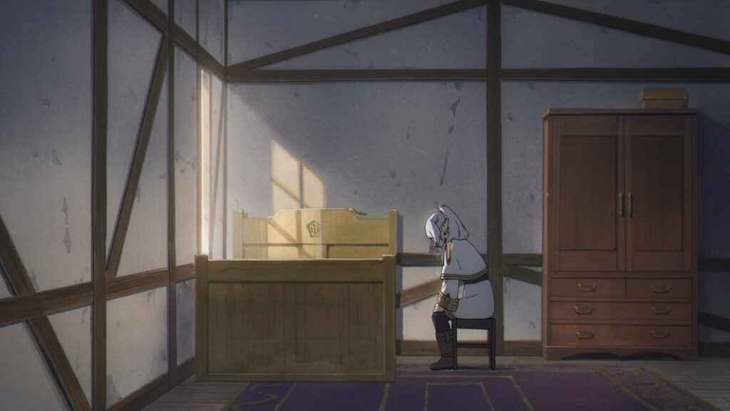 Frieren crying next to Heiter's bed. 