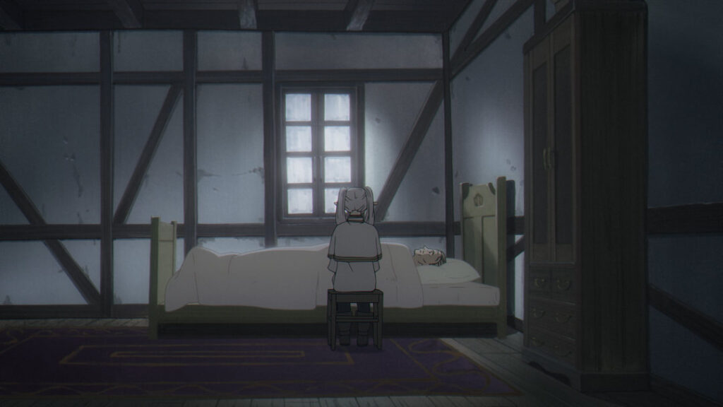Gloomy scene: Heiter in bed with Frieren sit next to him 
