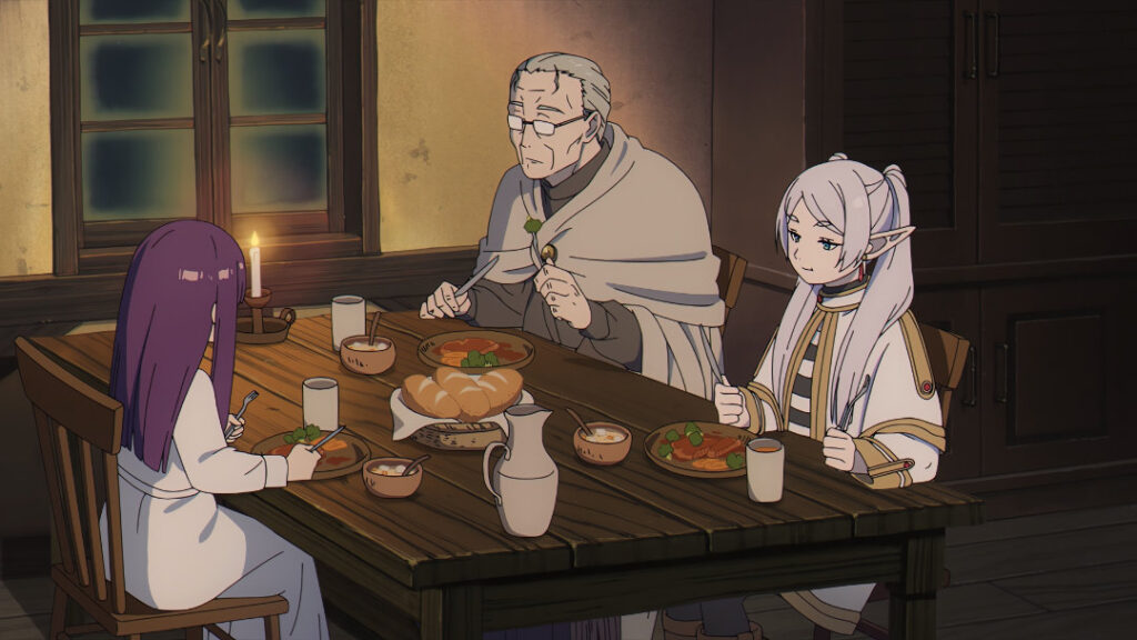 Heiter throwing broccoli to Frieren's plate