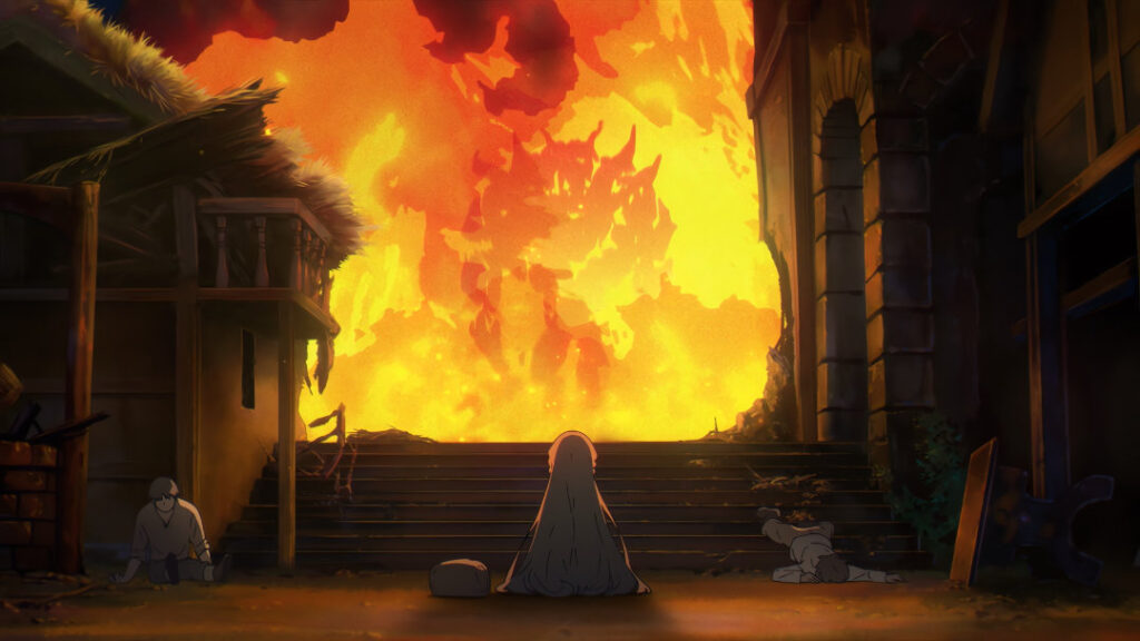 A monster comes though the fire and a scared young girl is frozen in place, terrorized. 