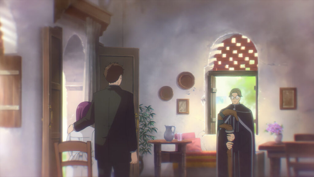 A mage with a long curved staff makes a photo of Fern and her parents.