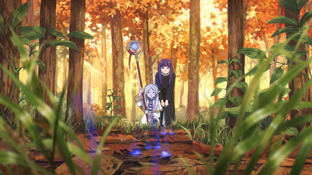 Fern and Frieren track the little footprints of seedrats using a spell that makes them fluorescent.