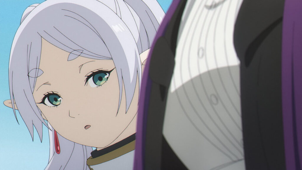 Frieren observing the growth of Fern's bra size.