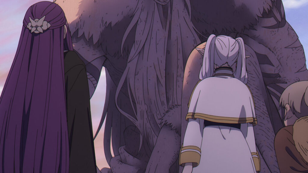 Qual is sealed within a gray statue-like covering, in front of Fern and Frieren